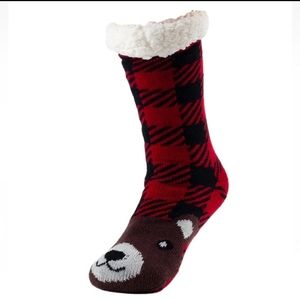 Treehouse Knits Slipper Socks Size 9-11 Women's Bear Red Plaid Lounge Sherpa